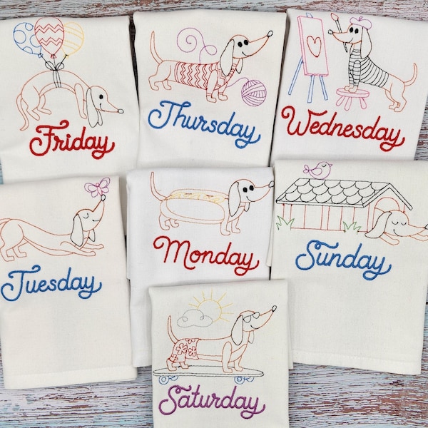 Days of the week Kitchen Towels, Vintage Style Kitchen Towels, Doxy Kitchen Towels, Dachshund Kitchen Towels, Dog Kitchen Towel, Tea Towels