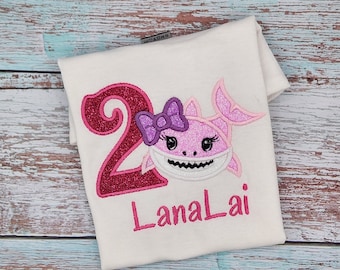Custom Embroidered Baby Shark Birthday Shirt/Girls Glitter Birthday Shirt/Shark Birthday/Girl Birthday/3rd Birthday Shirt/2nd Birthday Shark