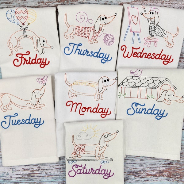 Days of the week Kitchen Towels, Vintage Style Kitchen Towels, Fun Kitchen Towels, Dachshund Kitchen Towels, Dog Kitchen Towel, Tea Towels