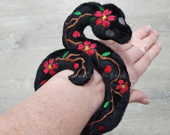 MADE TO ORDER Black Snake Plush with Red Sakura Flower Details