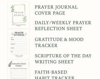 May include: A cream-colored graphic with the text "THE QUIET MORNING SERIES" and product names like "PRAYER JOURNAL COVER PAGE" and "DAILY/WEEKLY PRAYER REFLECTION SHEET." The image includes floral illustrations and the brand name "PETAL & PEW."