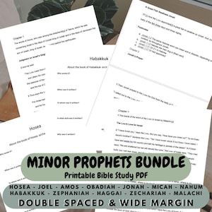 May include: A bundle of printable Bible study PDFs, featuring the Minor Prophets. The pages are double-spaced with wide margins. The text includes Hosea, Joel, Amos, Obadiah, Jonah, Micah, Nahum, Habakkuk, Zephaniah, Haggai, Zechariah, and Malachi.