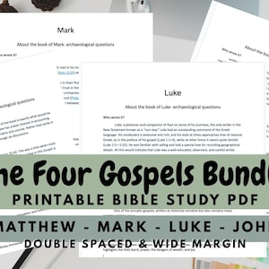 Puede incluir: Un paquete de archivos PDF imprimibles para el estudio de la Biblia titulado "The Four Gospels Bundle". Los documentos incluyen información sobre Mateo, Marcos, Lucas y Juan. El texto está a doble espacio con márgenes amplios.