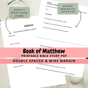 Puede incluir: Páginas de papel blanco con texto del Libro de Mateo, presentadas como un PDF imprimible de estudio bíblico. Las páginas tienen doble espacio con márgenes amplios e incluyen preguntas.