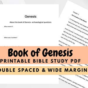 May include: A printable Bible study PDF titled "Book of Genesis" with double spacing and wide margins. The image includes pages with text about Genesis and Chapter 1 of Genesis. A keyboard, notebook, and flowers are also visible.