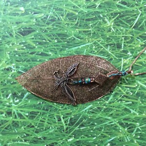 May include: A copper-toned necklace with a leaf-shaped pendant featuring a dragonfly design. The pendant is adorned with a small Celtic knot charm and turquoise-colored beads.
