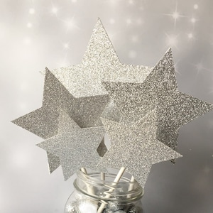 Glitter Star Centerpiece Picks, Set of 5 Assorted Size Stars, Twinkle Twinkle Little Star Decoration, Baby Shower, Graduation Cake Topper