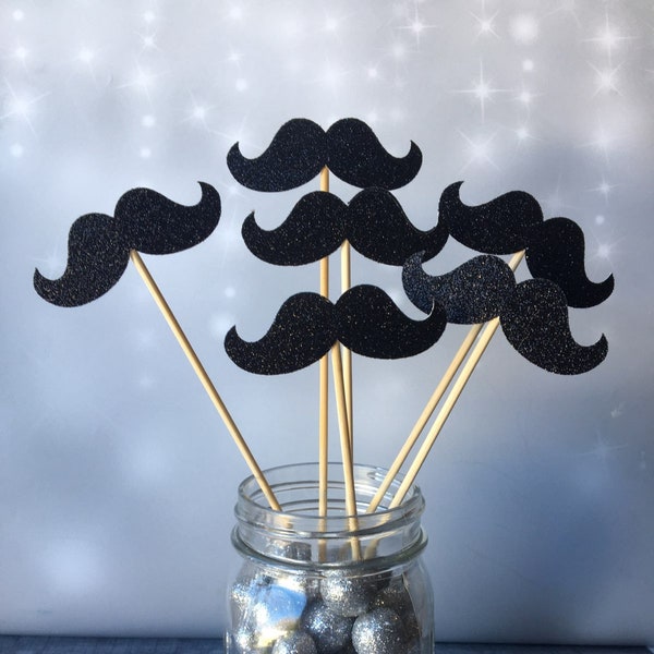 Black Mustache Centerpiece Picks, Set o f 6, 12, 24, Glitter Mustaches, Little Man Decoration, Mustache Bash, Baby Boy Shower Theme