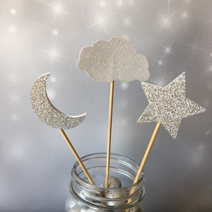 Star, Cloud & Moon Centerpiece Picks, 2&quot; Stars, Clouds and Moons on Sticks, Set of 6, 12, 24,  Twinkle Twinkle Little Star Decoration