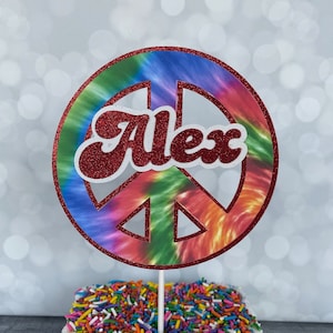 Tie Dye Peace Sign Cake Topper, Personalized, Two Groovy, Groovy One, Hippie Theme, Bold Neon Tie Dye