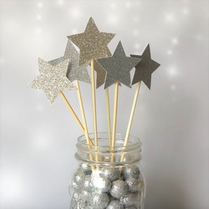 Star Centerpiece Picks, 2 Stars, Silver Glitter Star Sticks, Twinkle Twinkle Little Star Baby Shower Decoration, Star Cake Toppers image 1