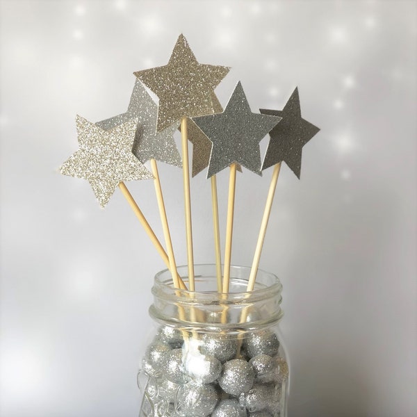 Star Centerpiece Picks, 2" Stars,  Silver Glitter Star Sticks, Twinkle Twinkle Little Star Baby Shower Decoration, Star Cake Toppers