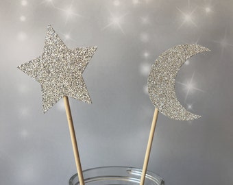 Star & Moon Centerpiece Picks, 2" Stars and Moons on Sticks, Set of 6, 12, 24, Glitter Star Sticks, Twinkle Twinkle Little Star Decoration