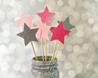 Pink & Silver Star Centerpiece Picks, 2" Glitter Stars, 1st Rodeo Birthday, Disco Cowgirl Theme, Boots and Bling Bachelorette, 30th Birthday