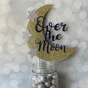 Over The Moon Cake Topper, Stars, Clouds & Moons Baby Shower Theme, Gender Reveal Party Decor,  Twinkle Twinkle Centerpiece Stick