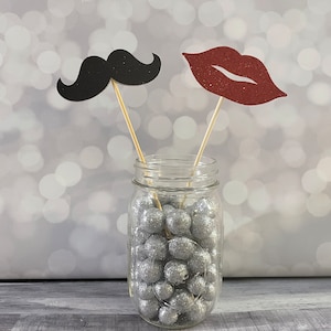 Mustache & Lip Glitter Centerpiece Picks, Bridal Shower or Engagement Party Games,  He/She Mr/Mrs Bachelorette Party Fun, Photo Booth Prop