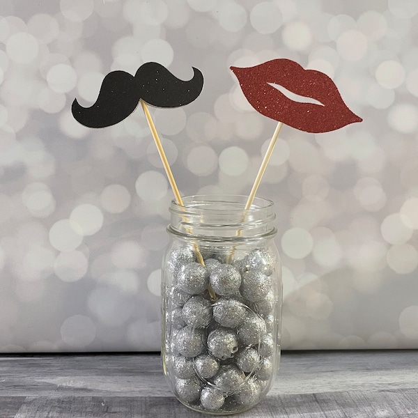 Mustache & Lip Glitter Centerpiece Picks, Bridal Shower or Engagement Party Games,  He/She Mr/Mrs Bachelorette Party Fun, Photo Booth Prop