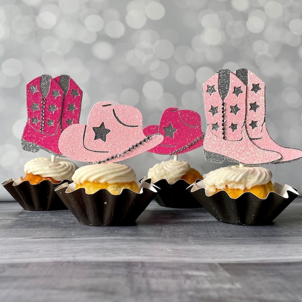 Disco Cowgirl Boots & Hats Cupcake Topper, Boots and Bling Bachelorette Party, Pink Space Cowgirl Theme, First Rodeo, Western Party Decor