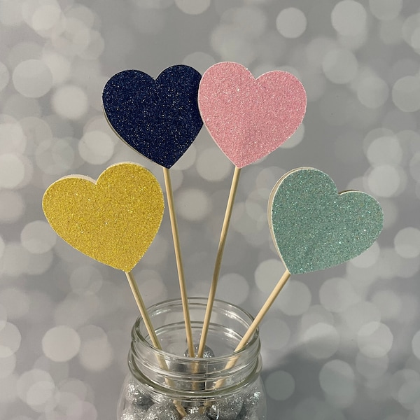 Glitter Heart Centerpiece Picks, 2" Heart Floral Pick, Sweet 16 Accent, Engagement Wedding Decoration, Bridal Shower, Anniversary Cake Top