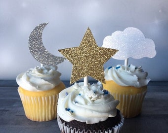 Star, Cloud & Moon Cupcake Toppers,  Twinkle Twinkle Little Star Decoration for Baby Shower, Gender Reveal,  Birthday Two the Moon Theme