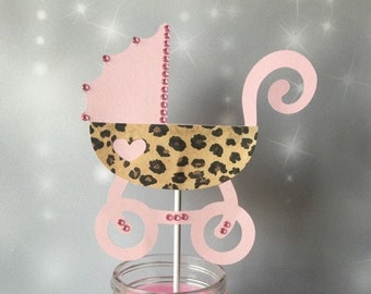 Pink & Leopard Baby Shower, Set of 6 Baby Carriage Centerpiece Picks,  Cheetah Shower Theme, Its a Girl Animal Print Shower Decoration