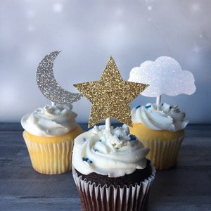 Star, Cloud & Moon Cupcake Toppers,  Twinkle Twinkle Little Star Decoration for Baby Shower, Gender Reveal,  Birthday Two the Moon Theme