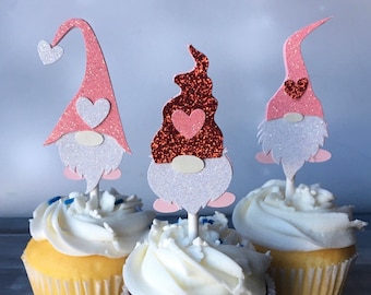 Valentine&#39;s Day Gnome Cupcake Toppers, Gnome 1st Birthday, Valentine Cupcakes, Pink Glitter Heart Gnomes, Gnomies