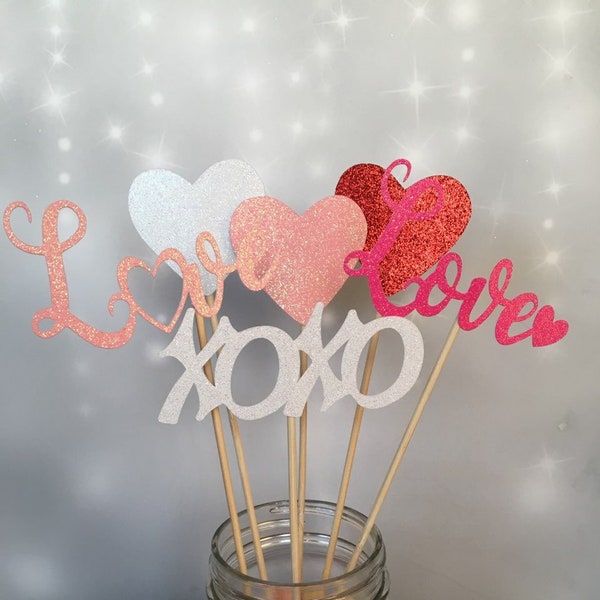 Valentine's Day Centerpiece Picks, 2" Glitter Heart Sticks, Love Picks, Valentine Cake Toppers, Floral Picks, Valentine's Day Decoration