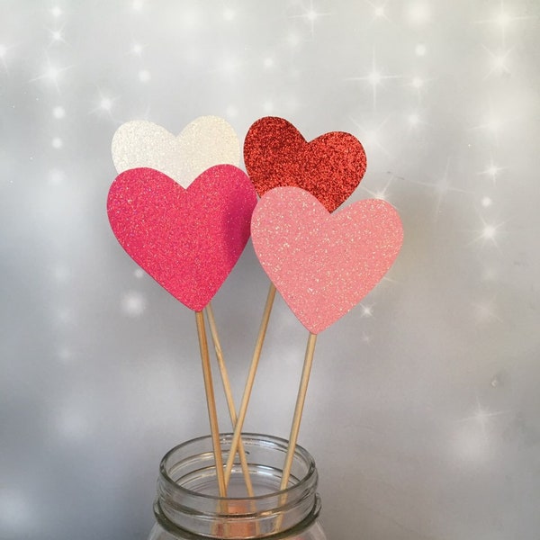 Heart Centerpiece Picks, 2" Glitter Heart Sticks, Valentine's Day Heart Cake Toppers, Engagement Wedding Decoration, Bridal Shower Decor
