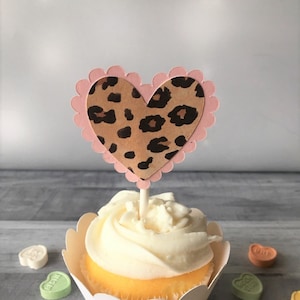 Leopard & Pink Heart Cupcake Toppers, Animal Print Valentine&#39;s Day Decoration, Leopard Bridal Shower Decor, Valentine 1st Birthday