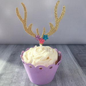 Antler Cupcake Toppers, Glitter Antlers, Deer Cupcake Toppers, Rustic ...