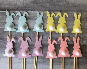 Glitter Bunny Centerpiece Sticks, Bunny 1st Birthday, Some Bunny is One, Glitter Pastel Bunny Cake Decoration, Easter Cupcake Toppers
