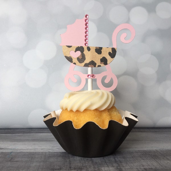 Leopard & Pink Baby Shower Cupcake Toppers, Its a Girl Shower, Carriage Cupcake Toppers, Cheetah Animal Print Themed Shower, Stroller PIcks