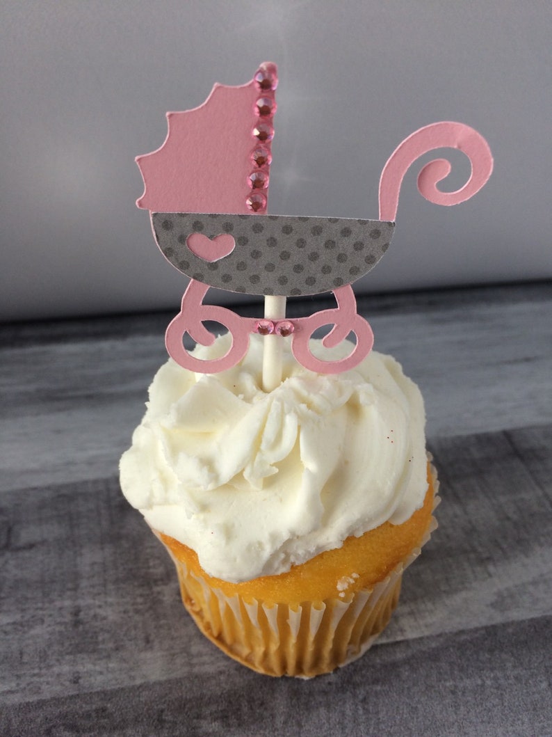Pink Gray Baby Carriage Cupcake Toppers Pink Gray Baby Etsy
