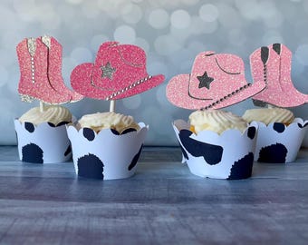 Disco Cowgirl Boots & Hats Cupcake Topper, Boots and Bling Bachelorette Party, Pink Space Cowgirl Theme, First Rodeo, Western Party Decor