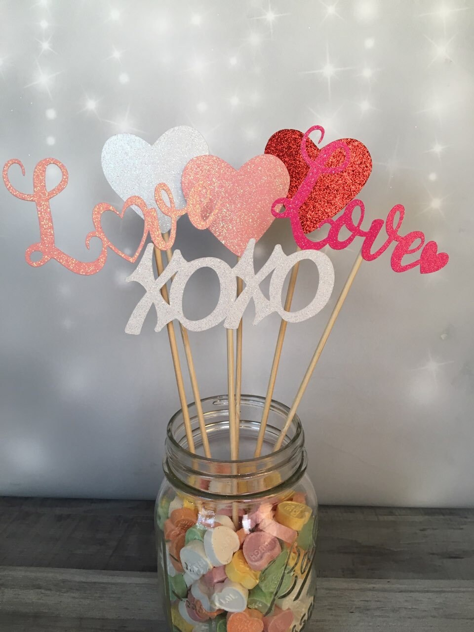 Valentine's Day Centerpiece Picks, 2" Glitter Heart Sticks, Love Picks, Valentine Cupcake Toppers, Floral Picks, Conversation Hearts