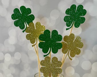 Shamrock Centerpiece Picks, 2&quot; Four Leaf Clovers, Lucky One Birthday Decor, St. Patrick&#39;s Day & Irish Themed Wedding, Shower, Birthday Decor