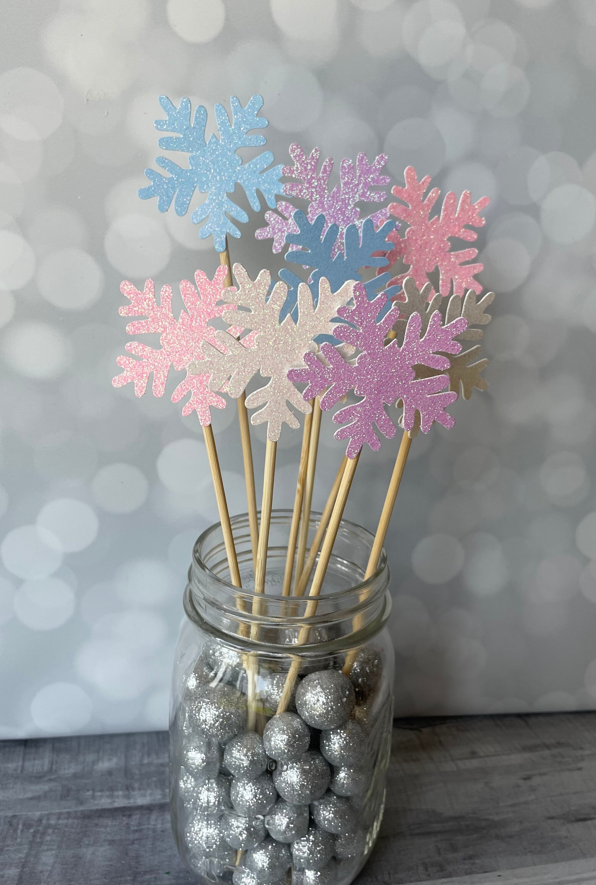 Pastel Glitter Snowflake Centerpiece Picks 2 Snowflakes Winter Wonderland 1st Birthday Decor Winter Baby Shower Picks Cold