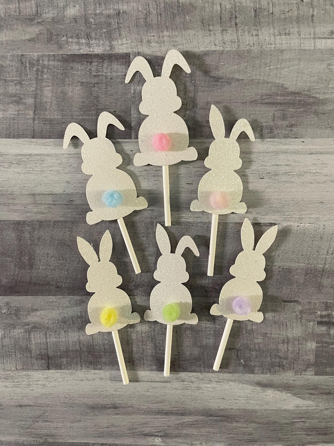 White Glitter Bunny Cupcake Toppers, Pastel Pom Pom Tails, Set of 12 - Etsy
