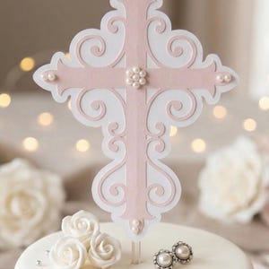 Fancy Pearl & Pink Cross Cake Top, Girl Communion Cake Topper, Baptism Decoration, Cross Centerpiece Sticks, Religious Decor