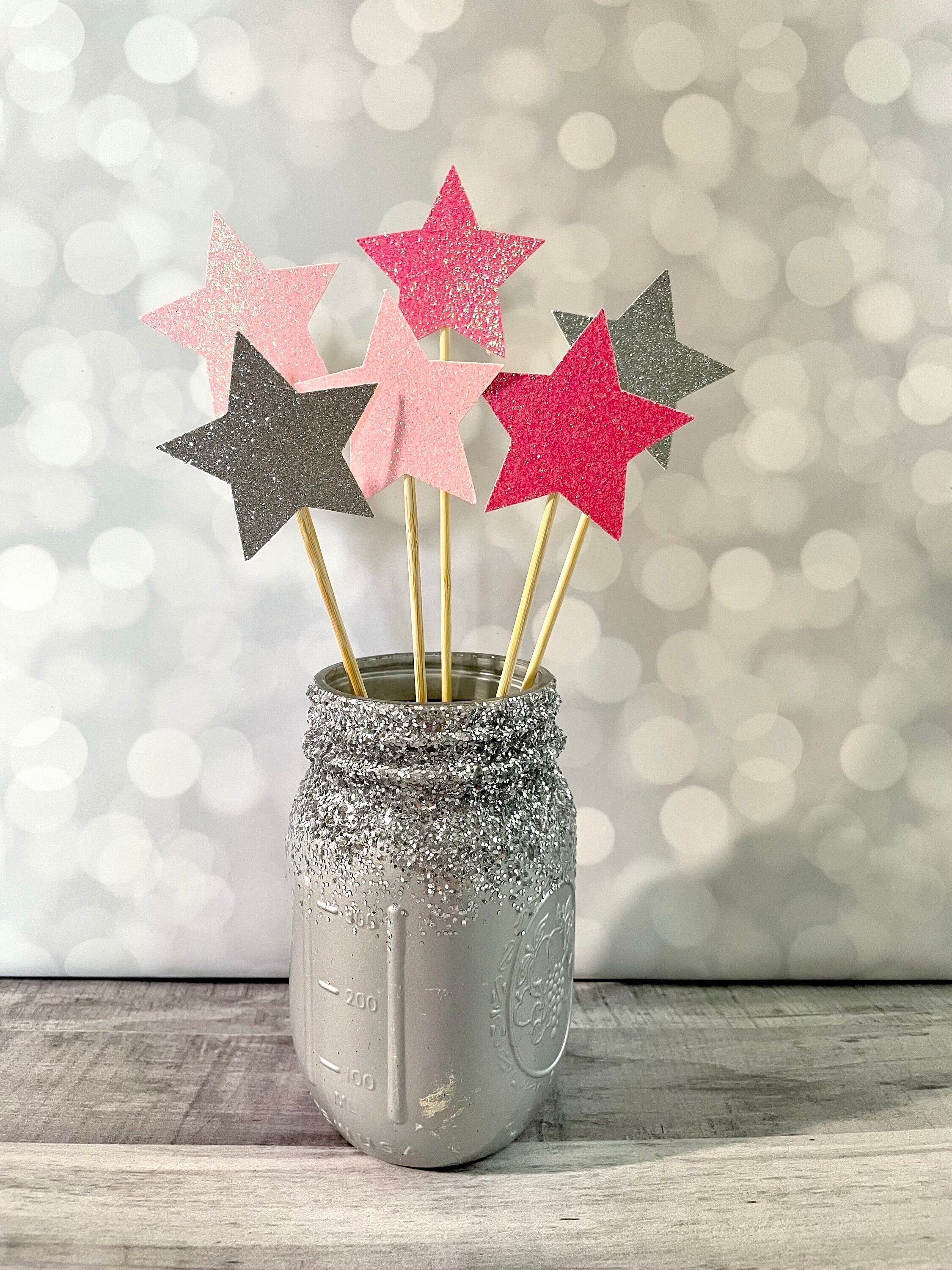 Pink Silver Star Centerpiece Picks 2 Glitter Stars 1st Rodeo Birthday Disco Cowgirl Theme Boots and Bling Bachelorette 30th