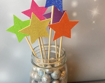 Neon Star Centerpiece Picks, 2&quot; Stars - Set o f 6, 12 or 24 Stars, Bright Glitter Star Sticks, 80s or Glow Party Decor, Star Cake Toppers