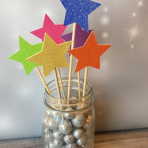 Neon Star Centerpiece Picks, 2" Stars - Set o f 6, 12 or 24 Stars, Bright Glitter Star Sticks, 80s or Glow Party Decor, Star Cake Toppers