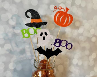 Halloween Centerpiece Picks, Ghost, Bat, Witch Hat, Pumpkin Halloween Party Decor, Two Spooky Party Theme, 1st Boo Day Cake Topper