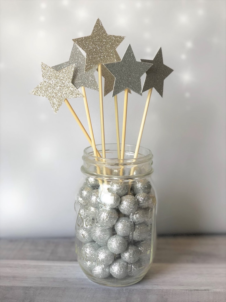 Star Centerpiece Picks, 2 Stars, Silver Glitter Star Sticks, Twinkle Twinkle Little Star Baby Shower Decoration, Star Cake Toppers image 1