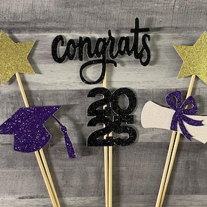 Graduation Centerpiece Sticks, Diploma & Graduation Hat Picks, Class of 2025, High School College Grad Party Decor Ideas, Cake Topper