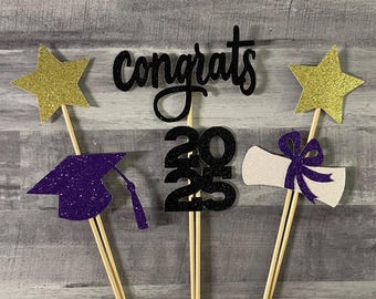 Graduation Centerpiece Sticks, Diploma & Graduation Hat Picks, Class of 2026, High School College Grad Party Decor Ideas, Cake Topper