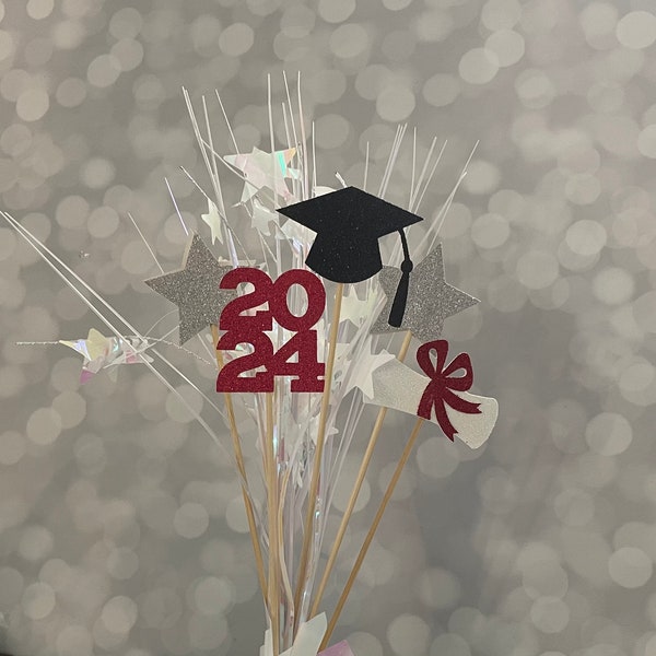 Graduation Centerpiece Sticks, Diploma & Graduation Hat Picks, Class of 2024, High School College Grad Party Decor Ideas, Cake Topper