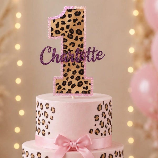 Personalized Cheetah Birthday Cake Topper, Any Name/Number,  Wild One/Two Wild Birthday, Leopard Print Girl Birthday Decor, Smash Cake