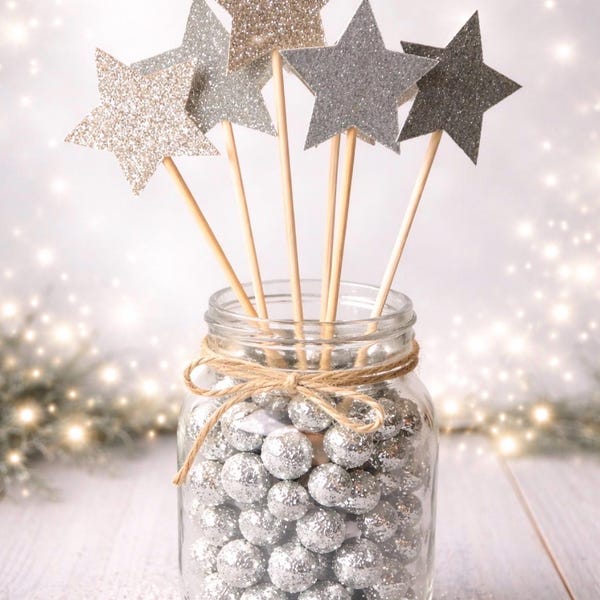 Star Centerpiece Picks, 2" Stars,  Silver Glitter Star Sticks, Twinkle Twinkle Little Star Baby Shower Decoration, Star Cake Toppers